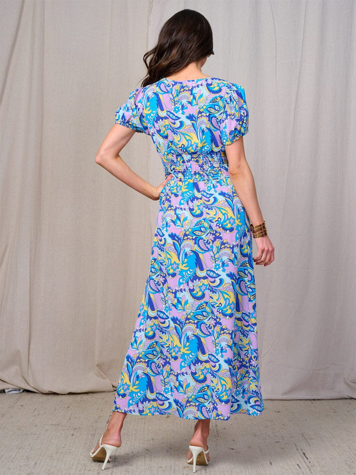 WOMEN'S SHORT SLEEVES BUTTON DETAILED SMOCK WAIST FLORAL MAXI DRESS