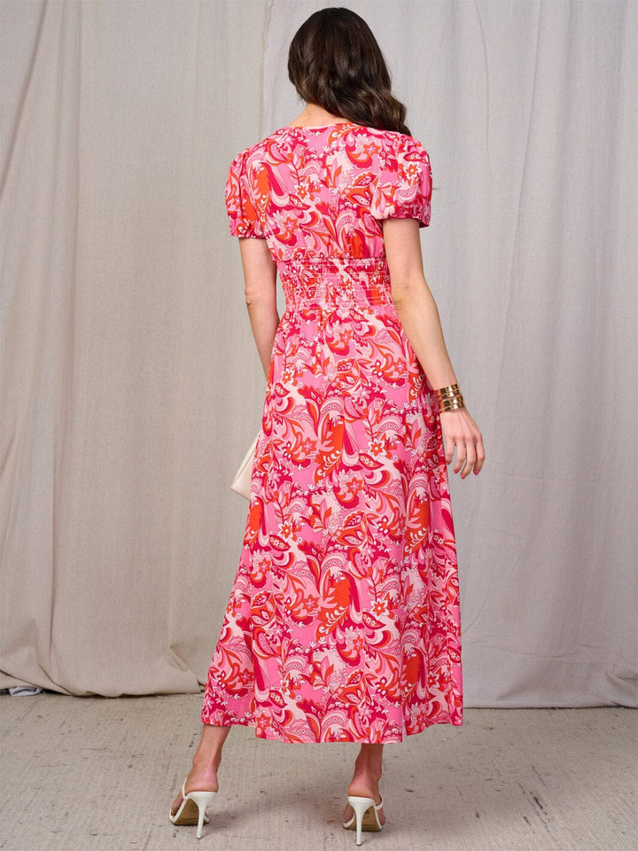 WOMEN'S SHORT SLEEVES BUTTON DETAILED SMOCK WAIST FLORAL MAXI DRESS