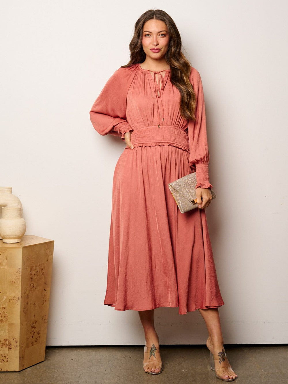 WOMEN'S LONG SLEEVE SMOCK WAIST MAXI DRESS