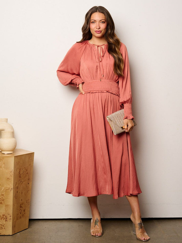 WOMEN'S LONG SLEEVE SMOCK WAIST MAXI DRESS