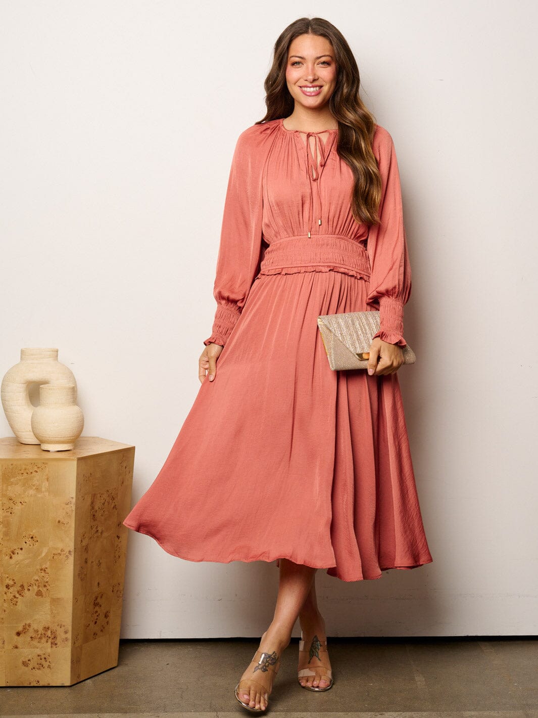WOMEN'S LONG SLEEVE SMOCK WAIST MAXI DRESS