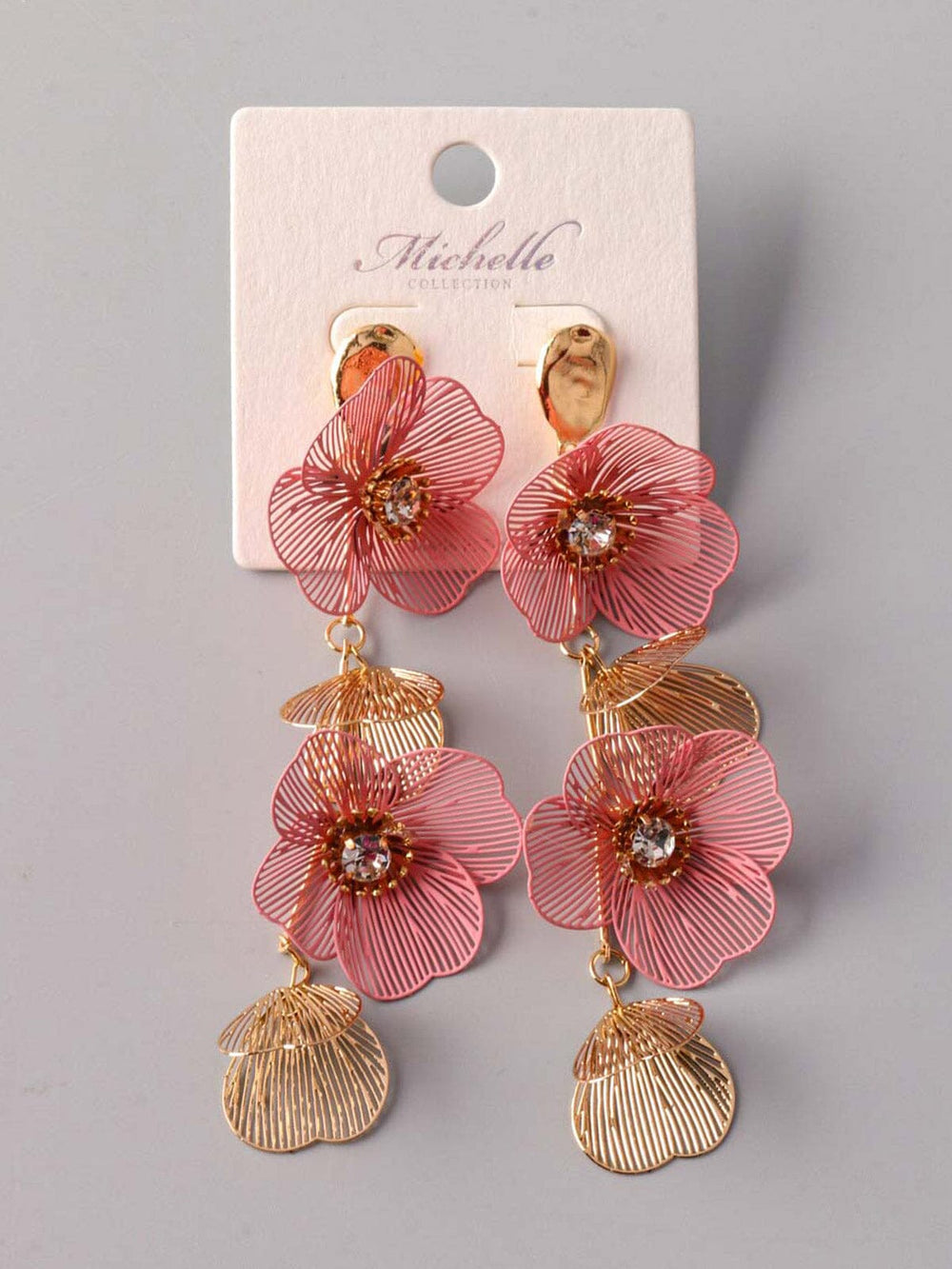 FASHION PINK FLOWERS STAINLESS STEEL DROP EARRINGS