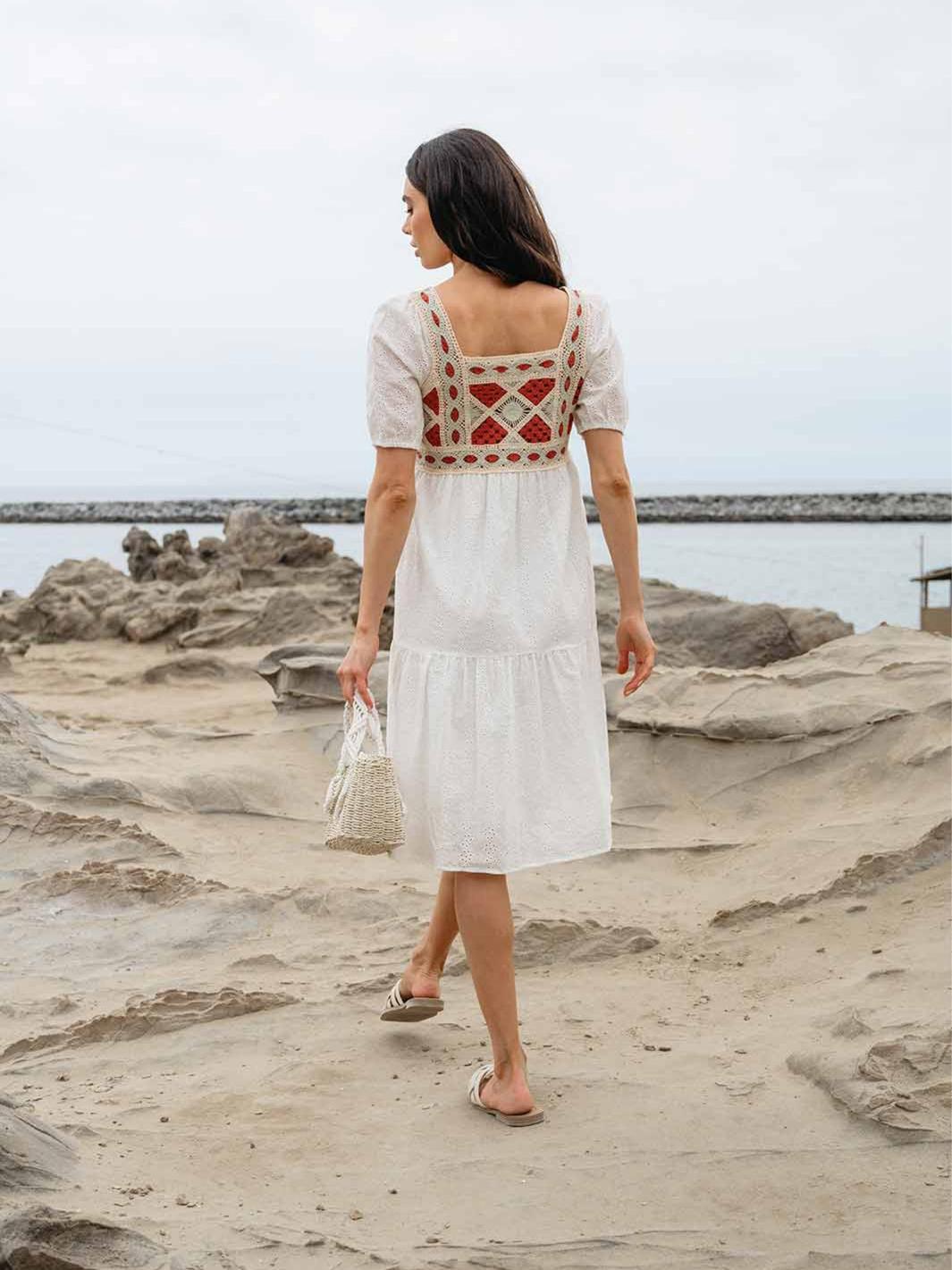 WOMEN'S SHORT SLEEVE KNITTED EYELET MIDI DRESS