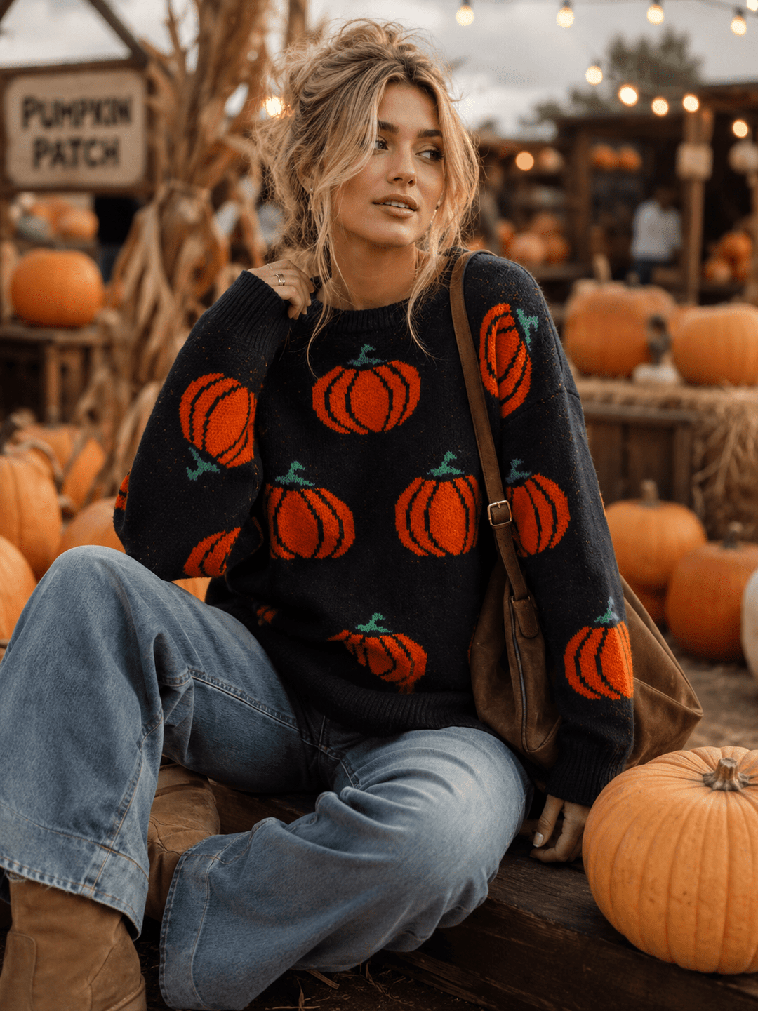 WOMEN'S LONG SLEEVE PUMPKIN PRINT PULLOVER SWEATER