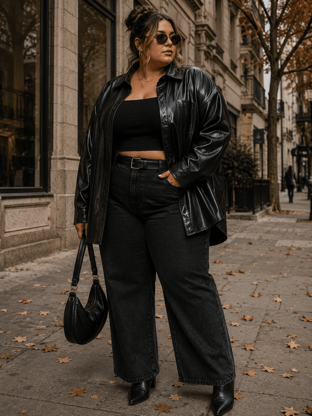 PLUS SIZE LONG SLEEVE BUTTON CLOSURE FRONT POCKET PU PLEATHER SHACKET