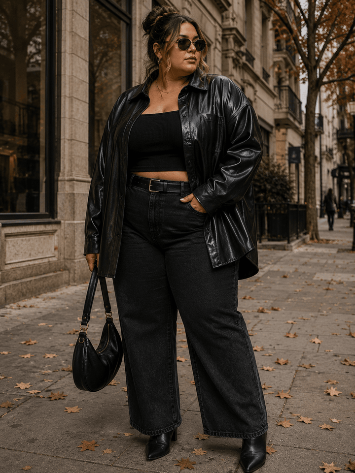 PLUS SIZE LONG SLEEVE BUTTON CLOSURE FRONT POCKET PU PLEATHER SHACKET