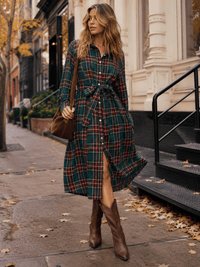 WOMEN'S LONG SLEEVE BUTTON UP FRONT POCKETS SELF TIE MIDI DRESS