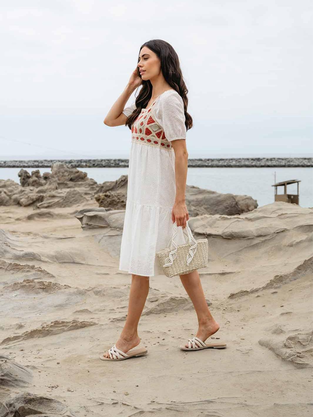 WOMEN'S SHORT SLEEVE KNITTED EYELET MIDI DRESS