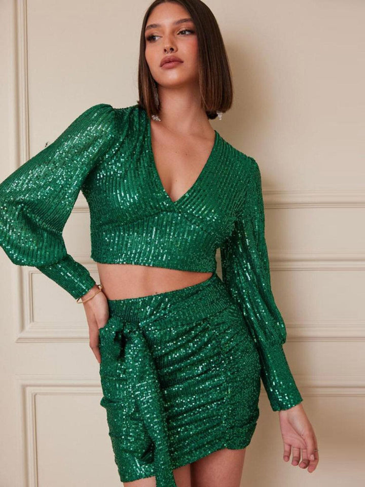 WOMEN'S LONG SLEEVE CROP TOP & RUCHED MINI SKIRT SEQUINS 2PC. SET