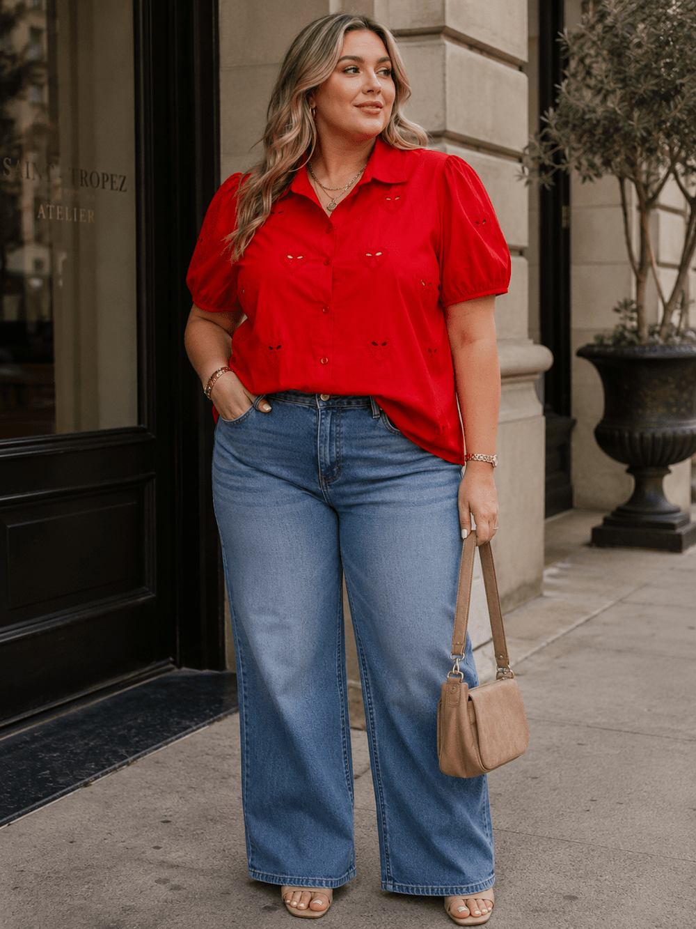 PLUS SIZE SHORT SLEEVE BUTTON UP HEART CROCHET BLOUSE