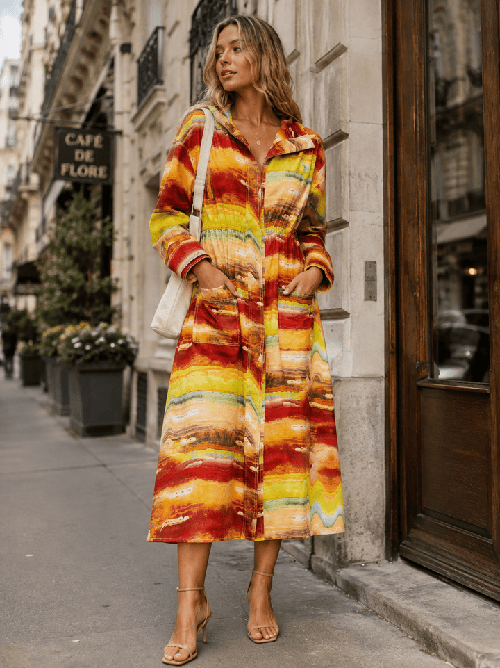 BEULAH WOMEN'S LONG SLEEVE ABSTRACT PRINT MAXI DRESS/COAT