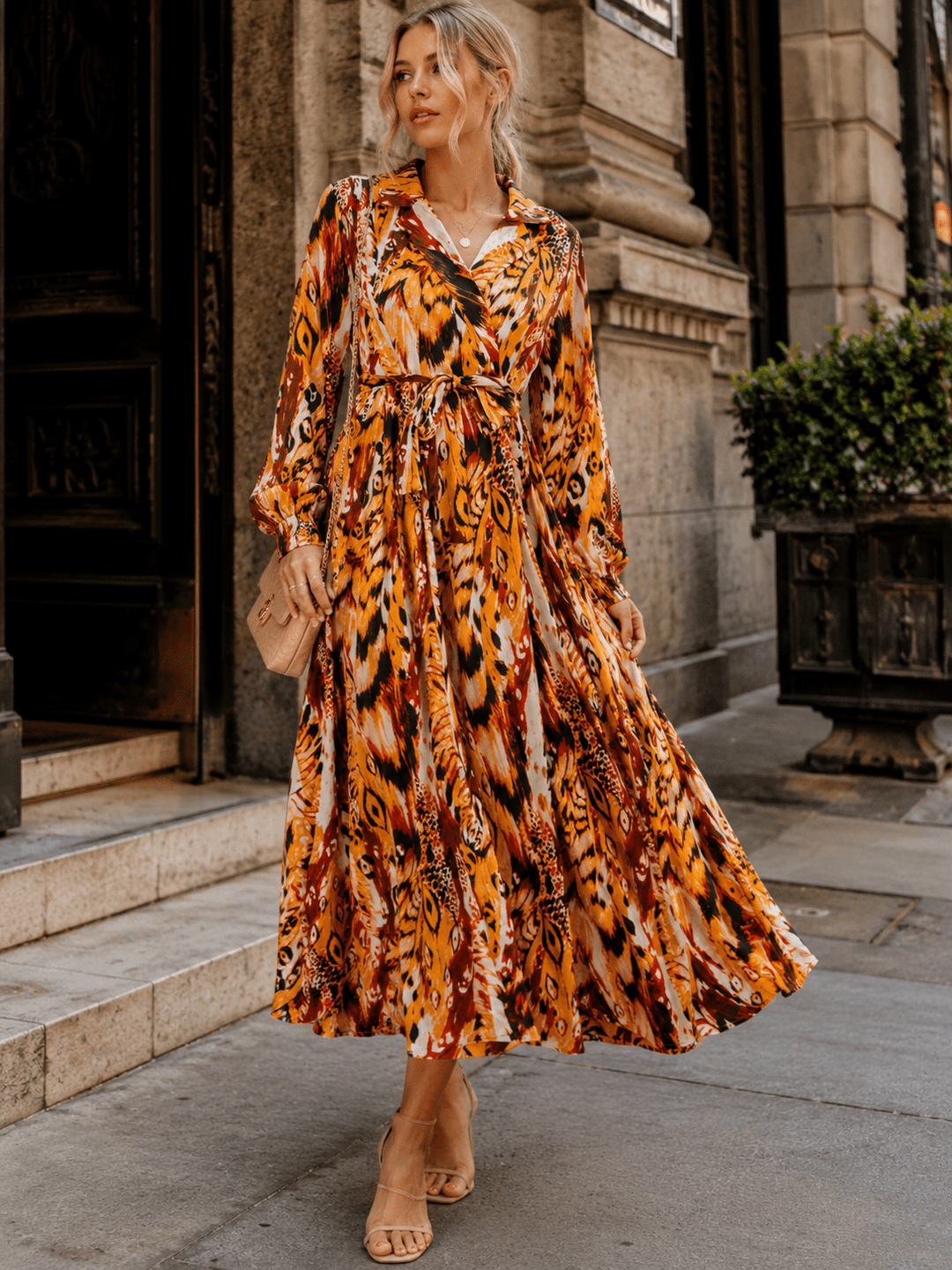 BEULAH WOMEN'S LONG SLEEVE SELF TIE MULTI PRINT WRAP MAXI DRESS