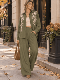 WOMEN'S LONG SLEEVE BUTTON UP BLOUSE & ELASTIC WAIST WIDE LEG PANTS EMBROIDERY DETAILED 2PC. SET
