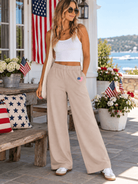 WOMEN'S ELASTIC WAIST FRONT POCKETS USA FLAG EMBROIDERY WIDE LEG PANTS