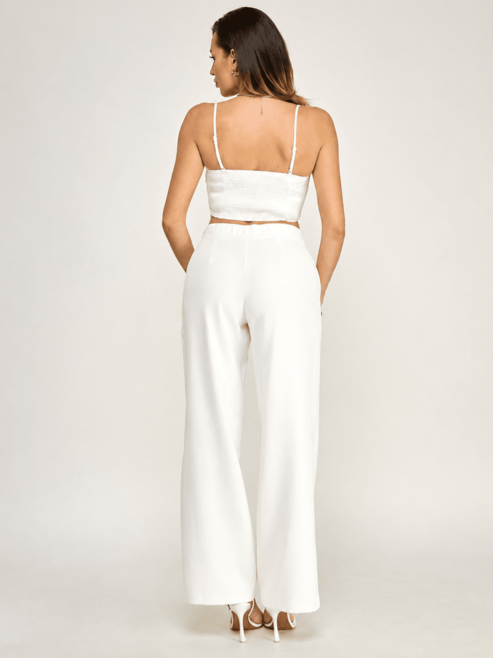WOMEN'S SLEEVELESS SMOCK CROP TOP & BUTTON CLOSURE POCKETS WIDE LEG PANTS 2PC. SET