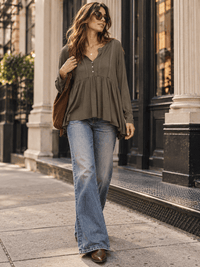 WOMEN'S LONG SLEEVE V-NECK BUTTON CLOSURE TUNIC TOP