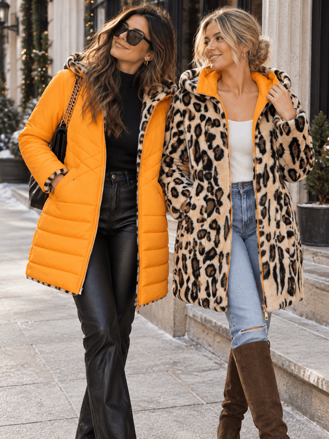 WOMEN'S LONG SLEEVE ZIP UP FRONT POCKETS REMOVABLE HOODIE REVERSIBLE ANIMAL PRINT SHERPA PUFFER COAT