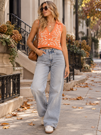 WOMEN'S SLEEVELESS BUTTON UP V-NECK CROP TOP