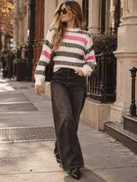 WOMEN'S LONG SLEEVE PULLOVER COLORBLOCK KNIT SWEATER