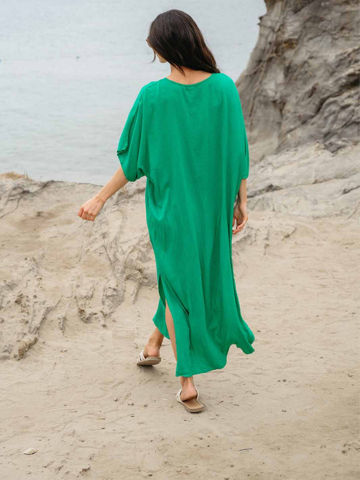 WOMEN'S SHORT SLEEVE V-NECK RUCHED TUNIC MAXI DRESS