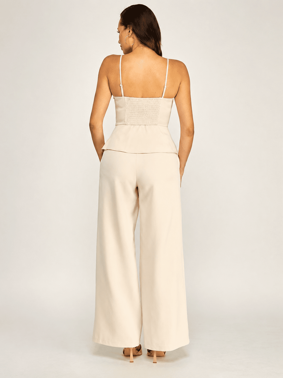 WOMEN'S SLEEVELESS V-NECK PEPLUM TOP & ZIP UP POCKETS WIDE LEG PANTS 2PC. SET