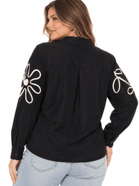 PLUS SIZE LONG SLEEVE BUTTON UP EMBROIDERY DETAILED BLOUSE