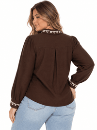 PLUS SIZE LONG SLEEVE BUTTON UP EMBROIDERY TRIM DETAILED BLOUSE