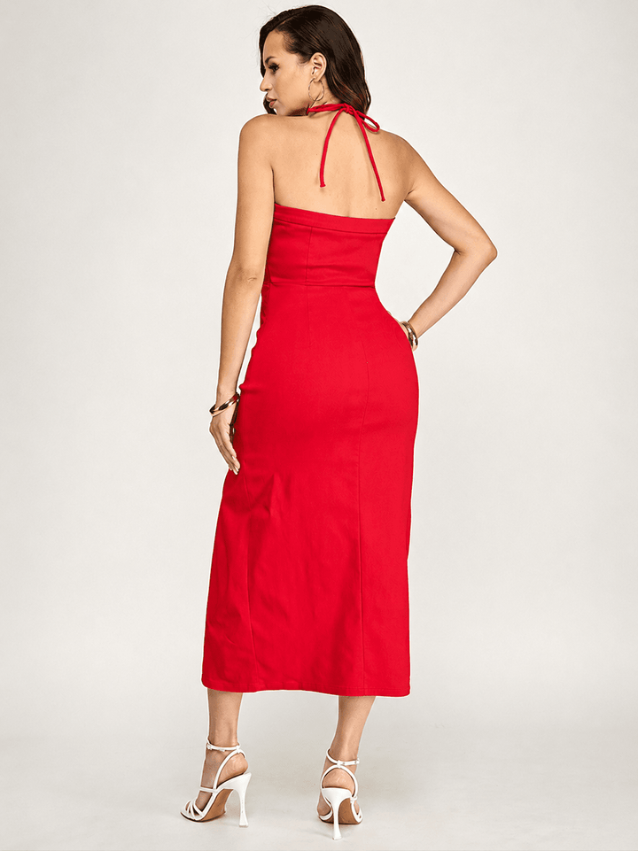WOMEN'S SLEEVELESS HALTER NECK SIDE SLIT MAXI DRESS