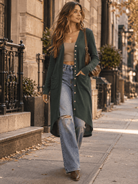 WOMEN'S LONG SLEEVE BUTTON UP FRONT POCKETS HIGH-LOW CARDIGAN