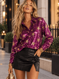 WOMEN'S LONG SLEEVE BUTTON UP STARS SEQUINS TOP