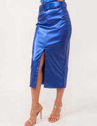 WOMEN'S ZIP UP BELTED METALLIC MIDI SKIRT