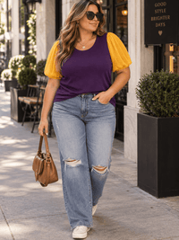PLUS SIZE SHORT SLEEVE COLORBLOCK CONTRAST BLOUSE