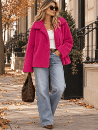 WOMEN'S LONG SLEEVE OPEN FRONT POCKETS SHERPA JACKET