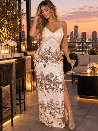 WOMEN'S SLEEVELESS V-NECK OPEN BACK SIDE SLIT SEQUINS BODYCON MAXI DRESS