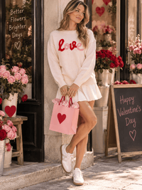 WOMEN'S LONG SLEEVE LOVE PRINT PULLOVER COLORBLOCK SWEATER