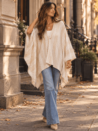 WOMEN'S LONG SLEEVE BUTTON CLOSURE COLORBLOCK PONCHO