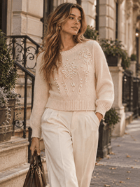 WOMEN'S LONG SLEEVE PEARL DETAILED PULLOVER SWEATER