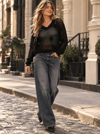 WOMEN'S LONG SLEEVE V-NECK PULLOVER CROCHET SWEATER