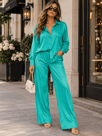 WOMEN'S LONG SLEEVE BLOUSE & ELASTIC WAIST PANTS SOLID 2PC. SET