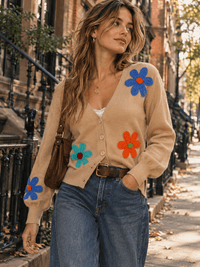 WOMEN'S LONG SLEEVE V-NECK BUTTON UP CROCHET FLOWERS SWEATER