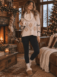 WOMEN'S LONG SLEEVE COWL OFF SHOULDER NECK PRINT PULLOVER SWEATER