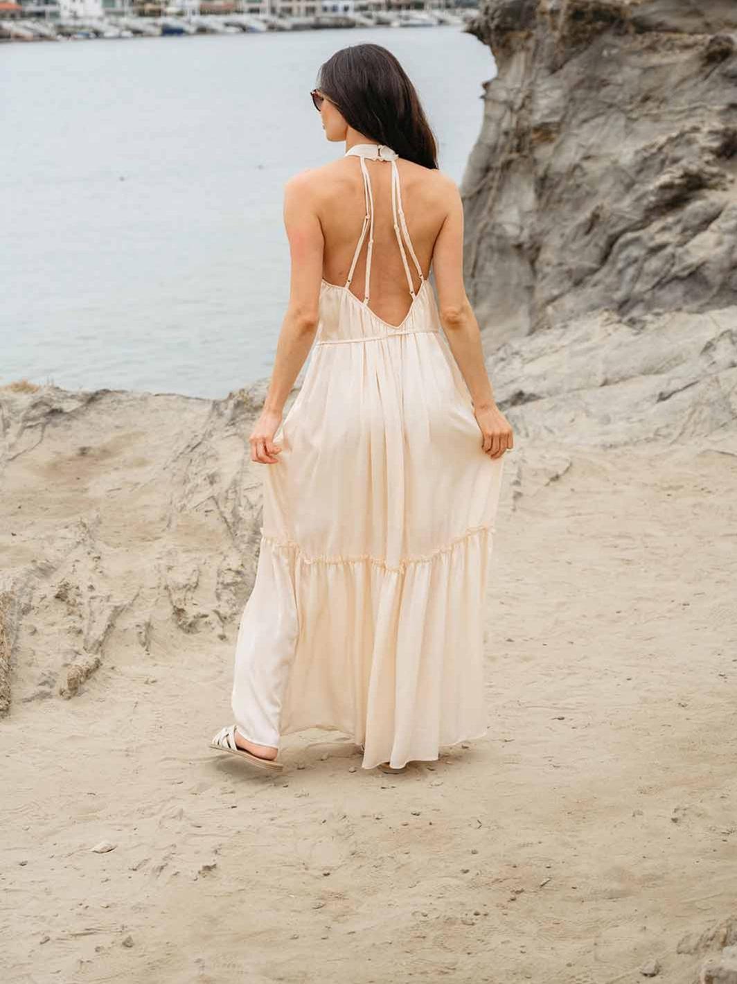 WOMEN'S SLEEVELESS HALTER NECK OPEN BACK TIERED MAXI DRESS