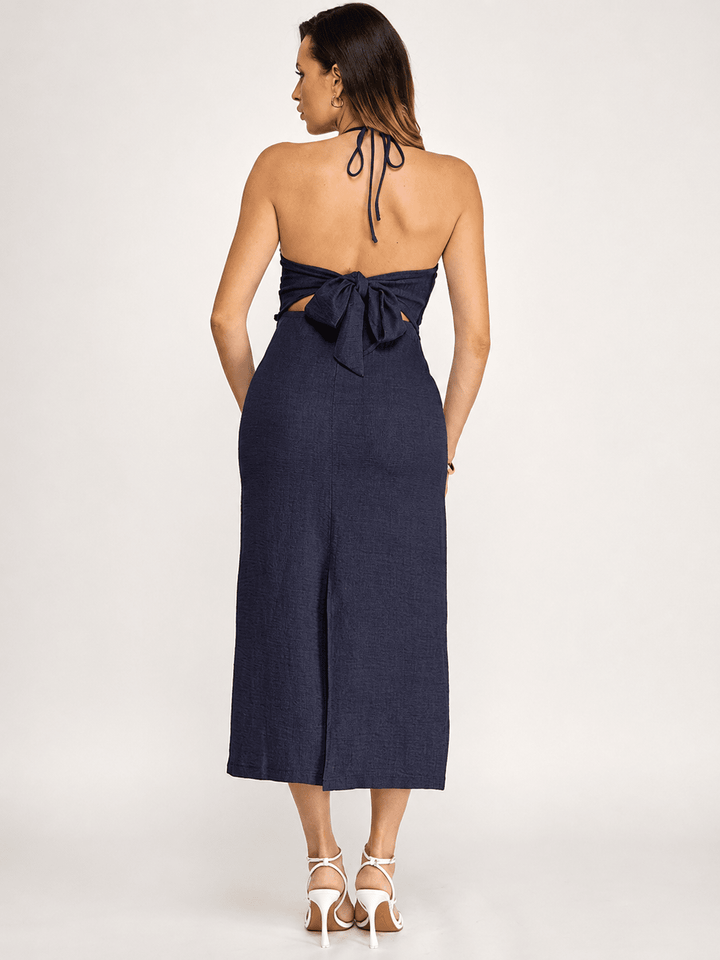 WOMEN'S SLEEVELESS HALTER NECK OPEN BACK CROCHET DETAILED MAXI DRESS