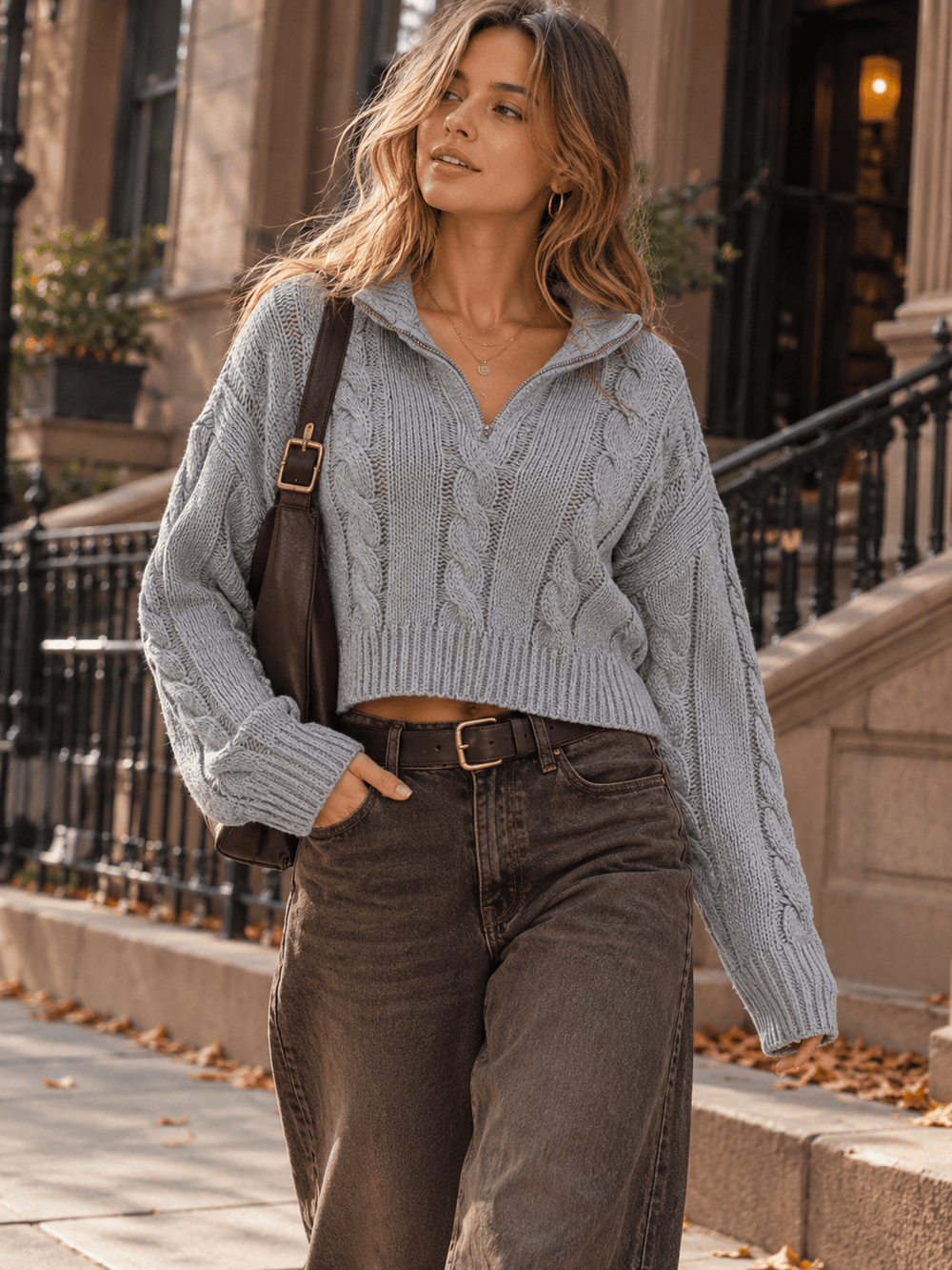 WOMEN'S LONG SLEEVE ZIP UP CABLE KNIT PULLOVER SWEATER