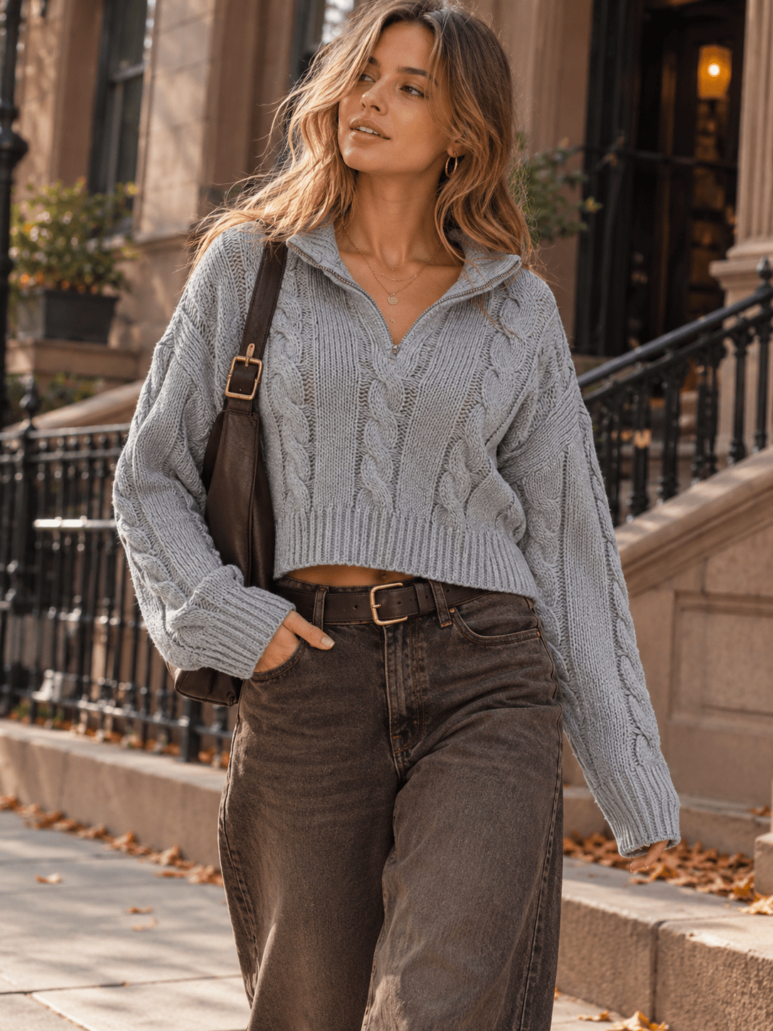 WOMEN'S LONG SLEEVE ZIP UP CABLE KNIT PULLOVER SWEATER