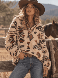 WOMEN'S LONG SLEEVE BUTTON UP FRONT POCKETS MULTI PRINT JACKET