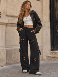 WOMEN'S ELASTIC WAIST SELF TIE FRONT POCKETS CUTOUT DETAIL WIDE LEG PANTS
