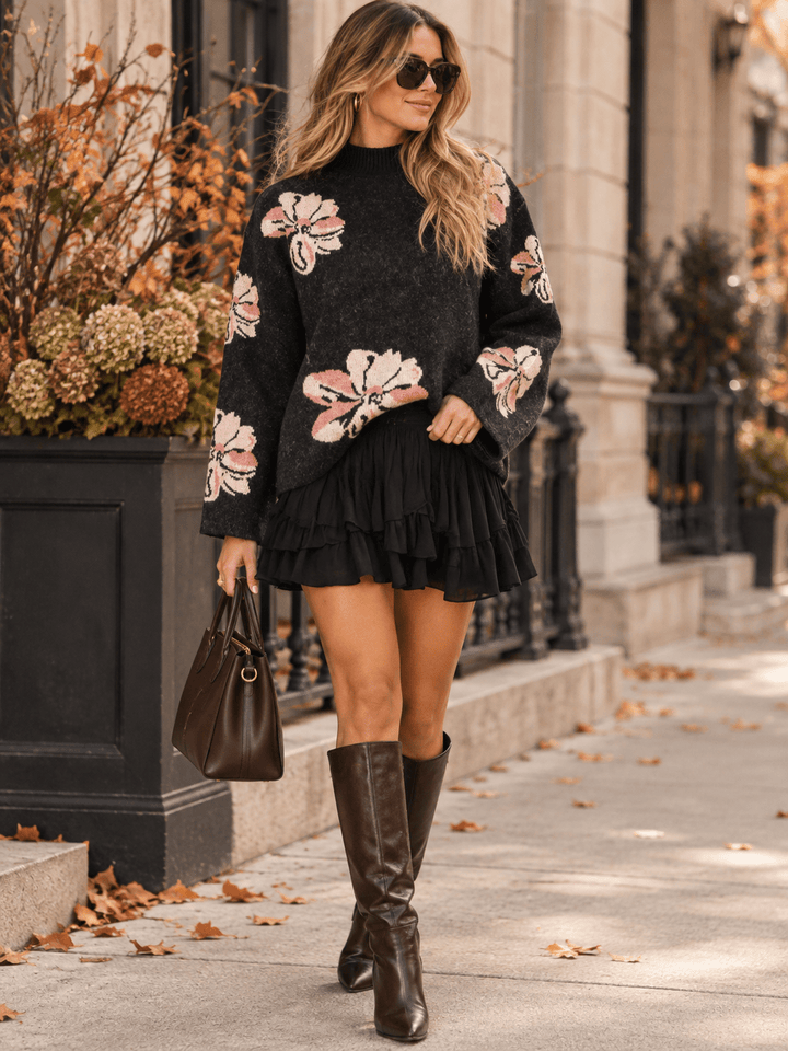 WOMEN'S LONG SLEEVE MOCK NECK FLOWER PRINT PULLOVER SWEATER