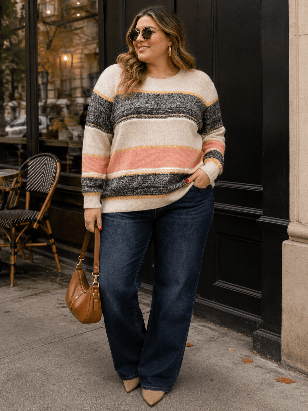 PLUS SIZE LONG SLEEVE COLORBLOCK STRIPES PULLOVER SWEATER