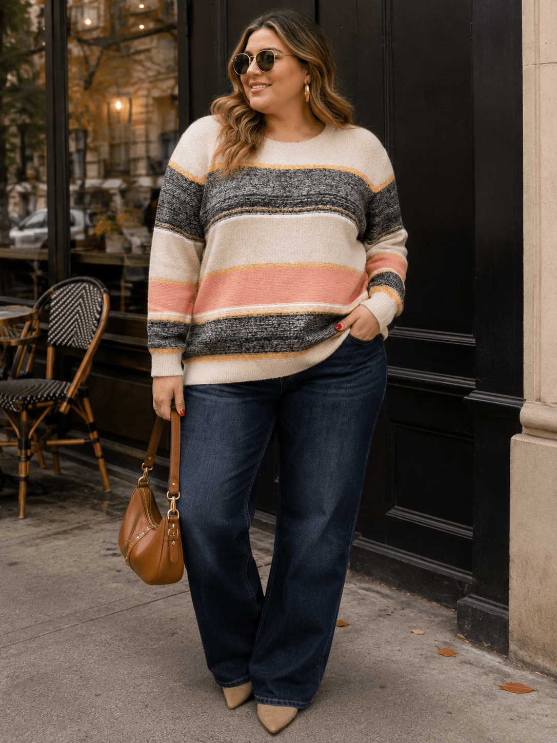 PLUS SIZE LONG SLEEVE COLORBLOCK STRIPES PULLOVER SWEATER